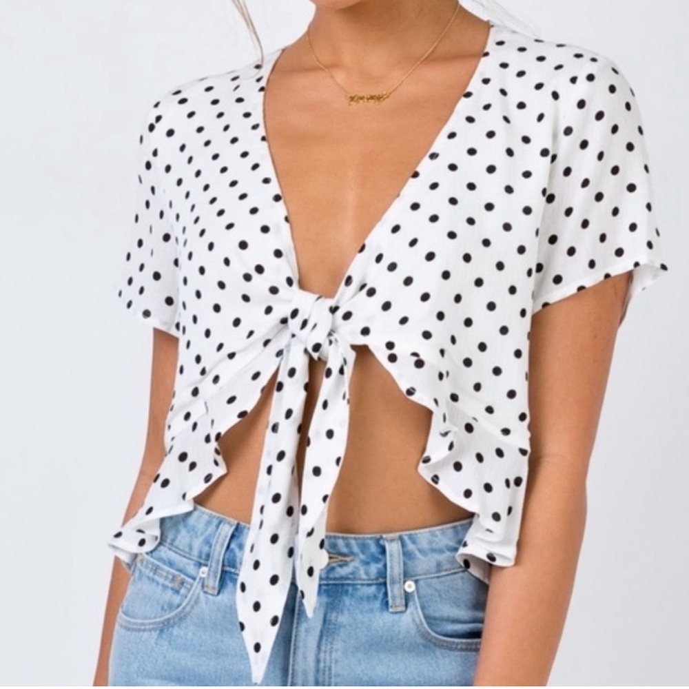 Princess Polly top Polka Dot Tie-Front Crop Top - White/Black
